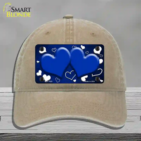 Blue White Love Hearts Oil Rubbed Novelty License Plate Hat Unconstructed Cotton / Khaki