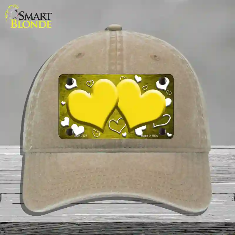 Yellow White Love Hearts Oil Rubbed Novelty License Plate Hat Unconstructed Cotton / Khaki