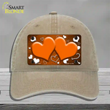 Orange White Love Hearts Oil Rubbed Novelty License Plate Hat Unconstructed Cotton / Khaki