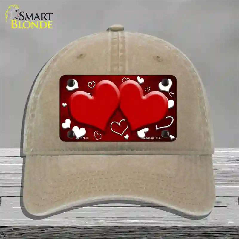 Red White Love Hearts Oil Rubbed Novelty License Plate Hat Unconstructed Cotton / Khaki