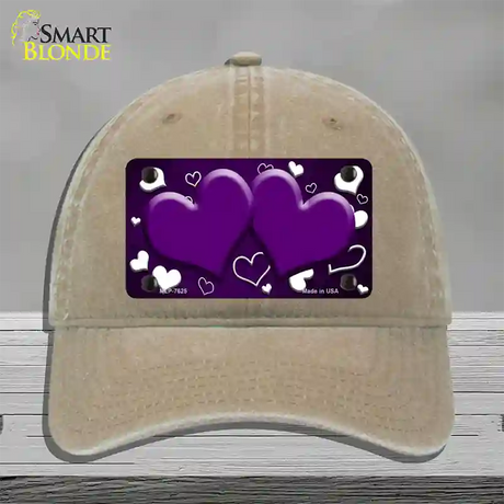 Purple White Love Hearts Oil Rubbed Novelty License Plate Hat Unconstructed Cotton / Khaki