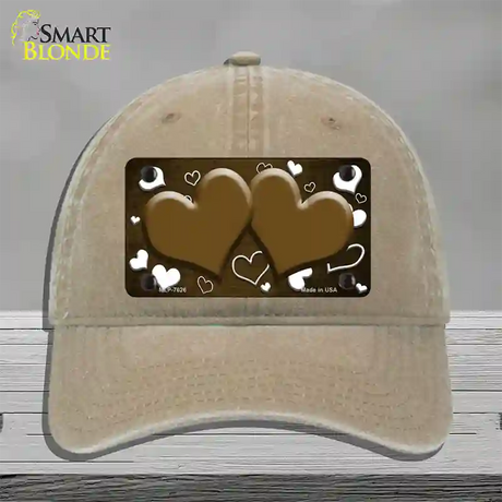 Brown White Love Hearts Oil Rubbed Novelty License Plate Hat Unconstructed Cotton / Khaki