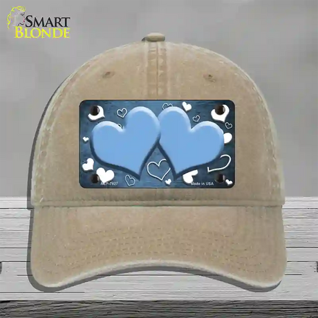 Light Blue White Love Hearts Oil Rubbed Novelty License Plate Hat Unconstructed Cotton / Khaki