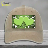 Lime Green White Love Hearts Oil Rubbed Novelty License Plate Hat Unconstructed Cotton / Khaki