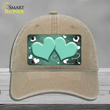 Mint White Love Hearts Oil Rubbed Novelty License Plate Hat Unconstructed Cotton / Khaki