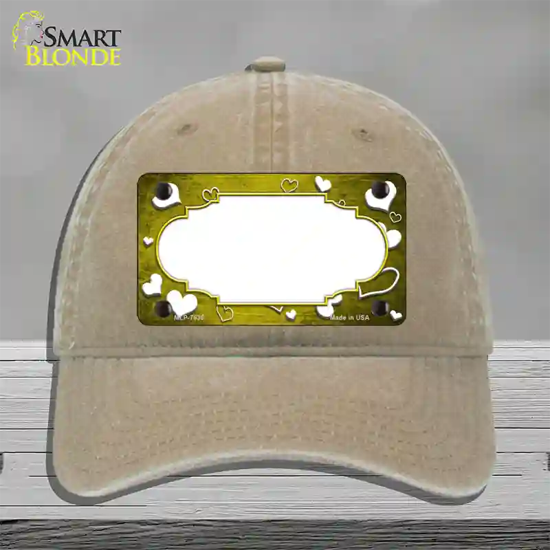 Yellow White Love Scallop Oil Rubbed Novelty License Plate Hat Unconstructed Cotton / Khaki