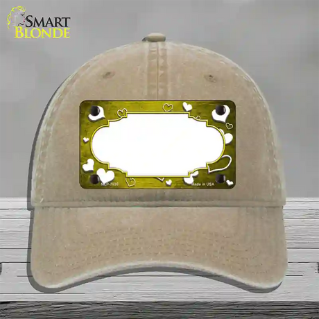 Yellow White Love Scallop Oil Rubbed Novelty License Plate Hat Unconstructed Cotton / Khaki