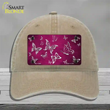 Pink White Butterfly Oil Rubbed Novelty License Plate Hat Unconstructed Cotton / Khaki