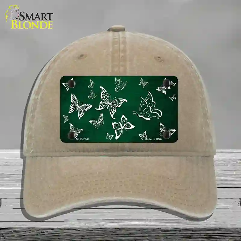 Green White Butterfly Oil Rubbed Novelty License Plate Hat Unconstructed Cotton / Khaki