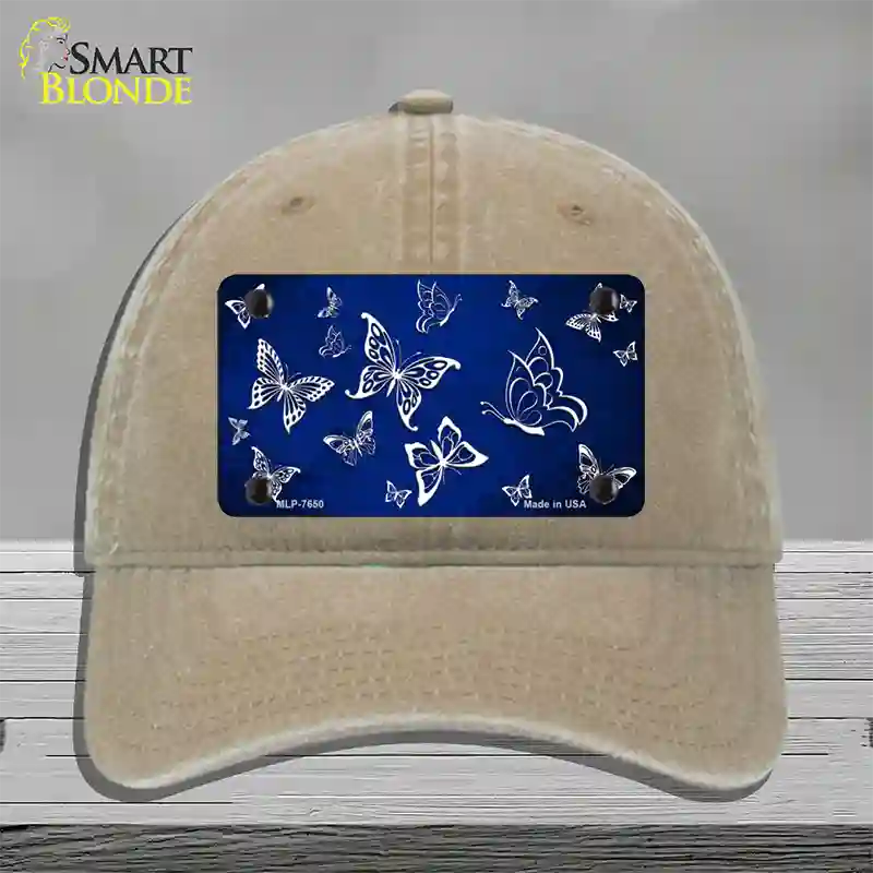 Blue White Butterfly Oil Rubbed Novelty License Plate Hat Unconstructed Cotton / Khaki