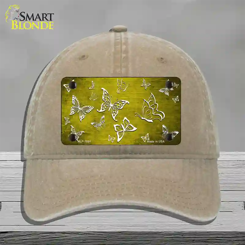 Yellow White Butterfly Oil Rubbed Novelty License Plate Hat Unconstructed Cotton / Khaki