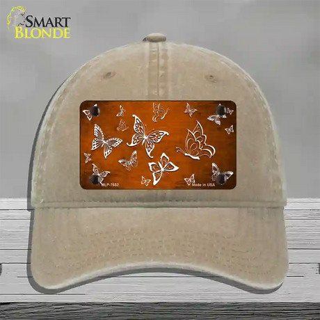 Orange White Butterfly Oil Rubbed Novelty License Plate Hat Unconstructed Cotton / Khaki