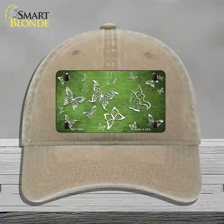 Lime Green White Butterfly Oil Rubbed Novelty License Plate Hat Unconstructed Cotton / Khaki