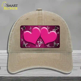 Pink White Hearts Butterfly Oil Rubbed Novelty License Plate Hat Unconstructed Cotton / Khaki