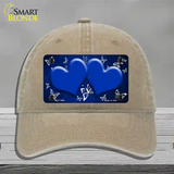 Blue White Hearts Butterfly Oil Rubbed Novelty License Plate Hat Unconstructed Cotton / Khaki