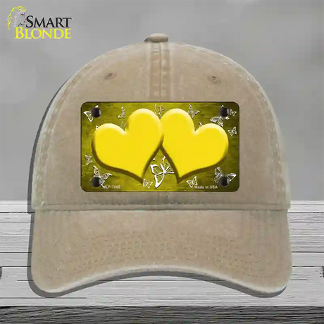 Yellow White Hearts Butterfly Oil Rubbed Novelty License Plate Hat Unconstructed Cotton / Khaki