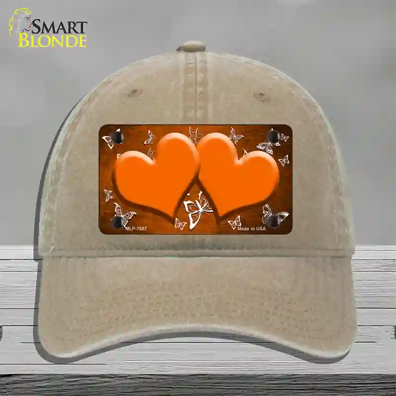 Orange White Hearts Butterfly Oil Rubbed Novelty License Plate Hat Unconstructed Cotton / Khaki