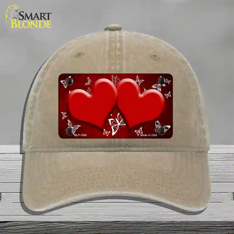 Red White Hearts Butterfly Oil Rubbed Novelty License Plate Hat Unconstructed Cotton / Khaki