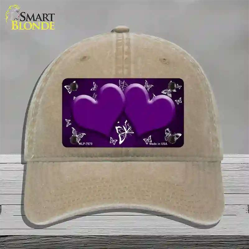 Purple White Hearts Butterfly Oil Rubbed Novelty License Plate Hat Unconstructed Cotton / Khaki