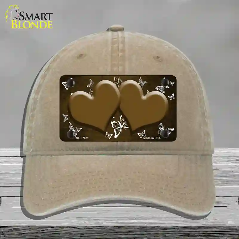 Brown White Hearts Butterfly Oil Rubbed Novelty License Plate Hat Unconstructed Cotton / Khaki