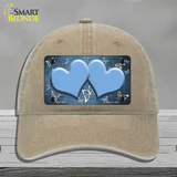 Light Blue White Hearts Butterfly Oil Rubbed Novelty License Plate Hat Unconstructed Cotton / Khaki