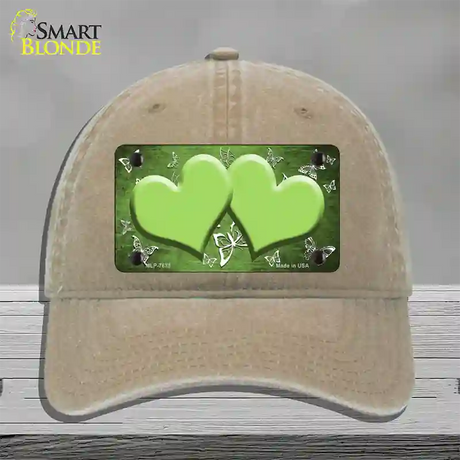 Lime Green White Hearts Butterfly Oil Rubbed Novelty License Plate Hat Unconstructed Cotton / Khaki