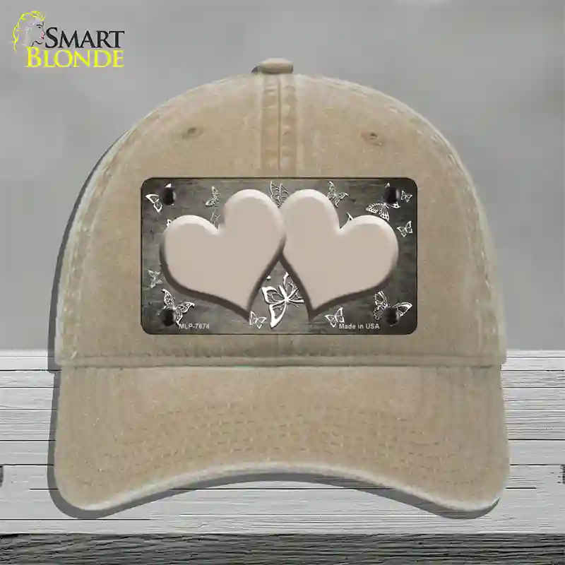 Tan White Hearts Butterfly Oil Rubbed Novelty License Plate Hat Unconstructed Cotton / Khaki