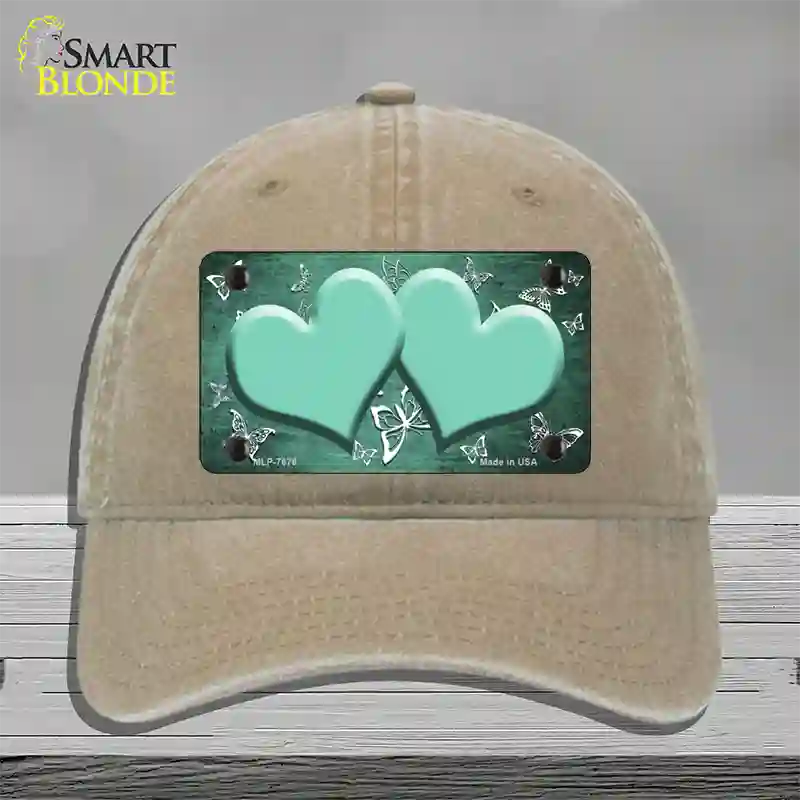 Mint White Hearts Butterfly Oil Rubbed Novelty License Plate Hat Unconstructed Cotton / Khaki