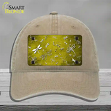 Yellow White Dragonfly Oil Rubbed Novelty License Plate Hat Unconstructed Cotton / Khaki