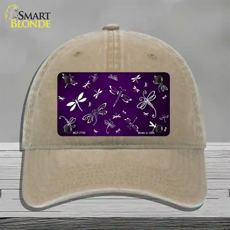 Purple White Dragonfly Oil Rubbed Novelty License Plate Hat Unconstructed Cotton / Khaki