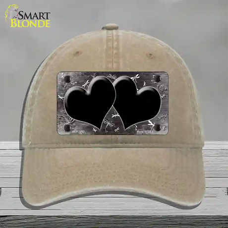 Black White Dragonfly Hearts Oil Rubbed Novelty License Plate Hat Unconstructed Cotton / Khaki