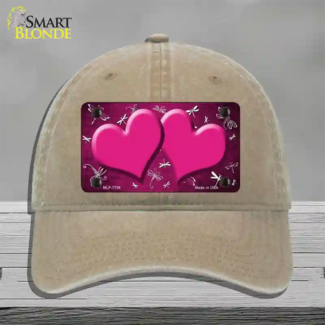 Pink White Dragonfly Hearts Oil Rubbed Novelty License Plate Hat Unconstructed Cotton / Khaki