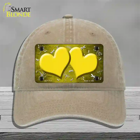 Yellow White Dragonfly Hearts Oil Rubbed Novelty License Plate Hat Unconstructed Cotton / Khaki