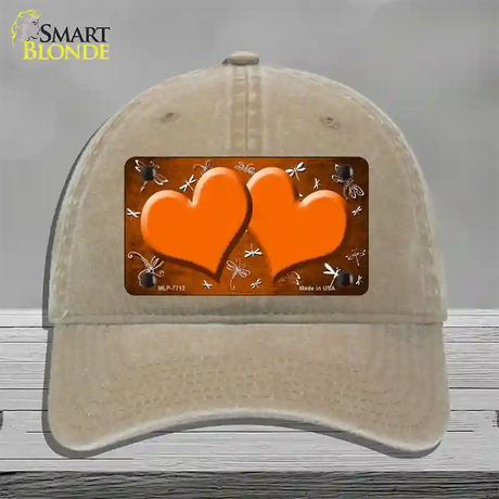 Orange White Dragonfly Hearts Oil Rubbed Novelty License Plate Hat Unconstructed Cotton / Khaki