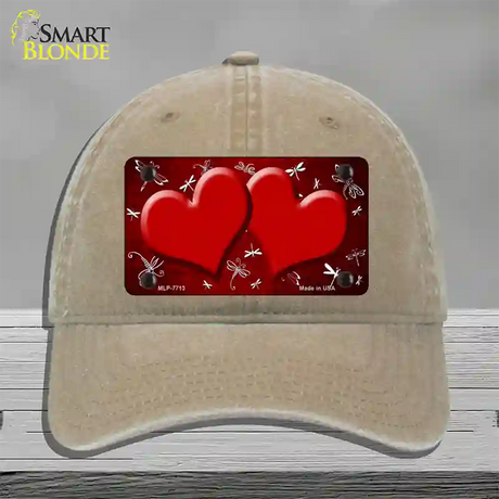 Red White Dragonfly Hearts Oil Rubbed Novelty License Plate Hat Unconstructed Cotton / Khaki