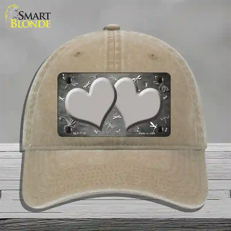 Gray White Dragonfly Hearts Oil Rubbed Novelty License Plate Hat Unconstructed Cotton / Khaki