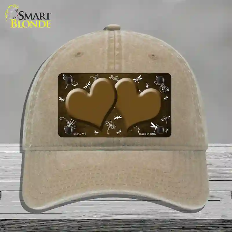 Brown White Dragonfly Hearts Oil Rubbed Novelty License Plate Hat Unconstructed Cotton / Khaki