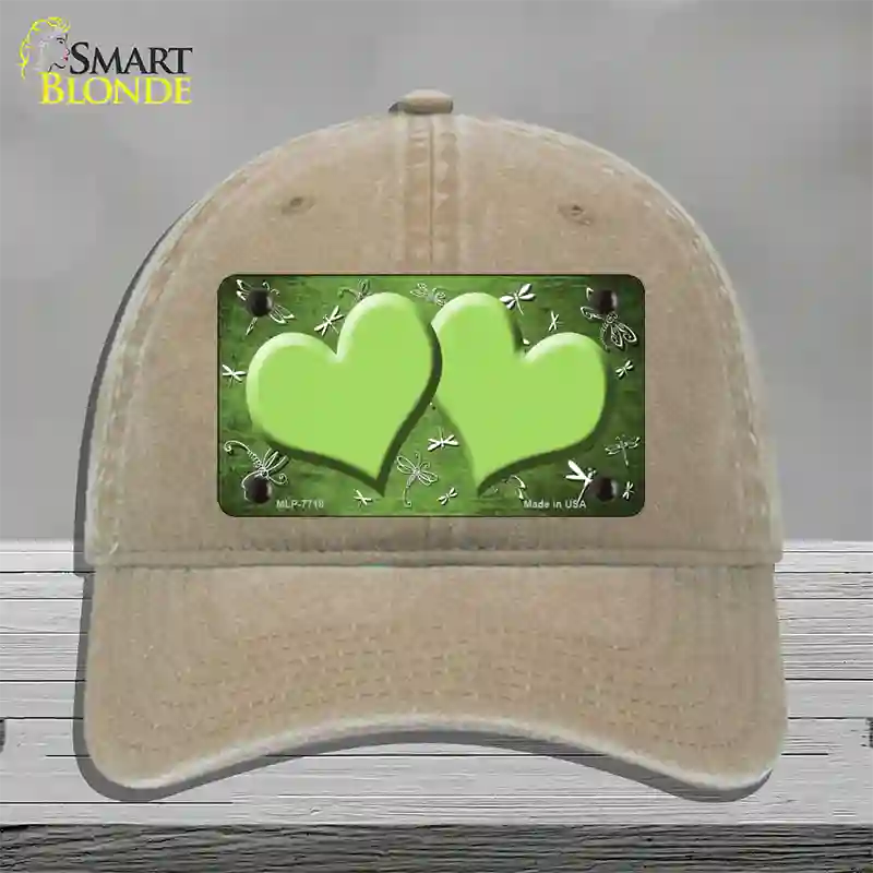 Lime Green White Dragonfly Hearts Oil Rubbed Novelty License Plate Hat Unconstructed Cotton / Khaki