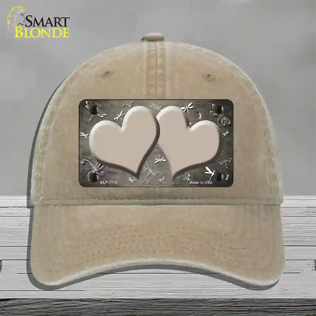 Tan White Dragonfly Hearts Oil Rubbed Novelty License Plate Hat Unconstructed Cotton / Khaki