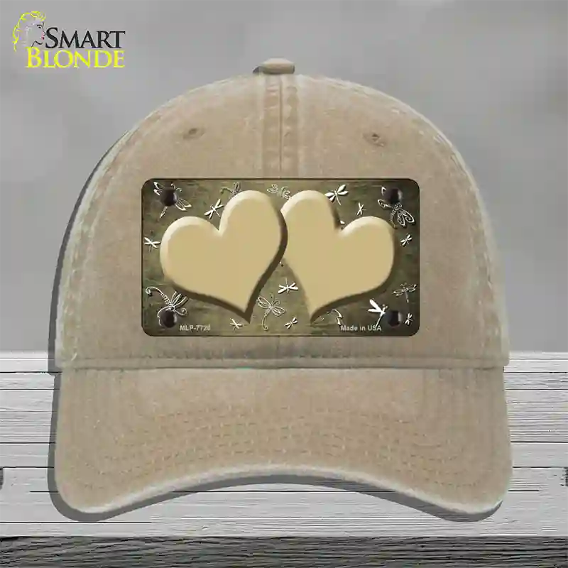 Gold White Dragonfly Hearts Oil Rubbed Novelty License Plate Hat Unconstructed Cotton / Khaki