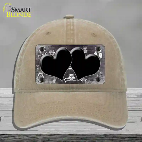 Black White Owl Hearts Oil Rubbed Novelty License Plate Hat Unconstructed Cotton / Khaki