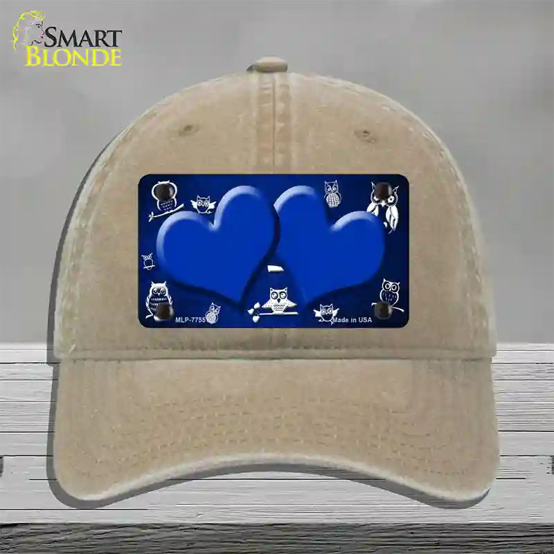 Blue White Owl Hearts Oil Rubbed Novelty License Plate Hat Unconstructed Cotton / Khaki