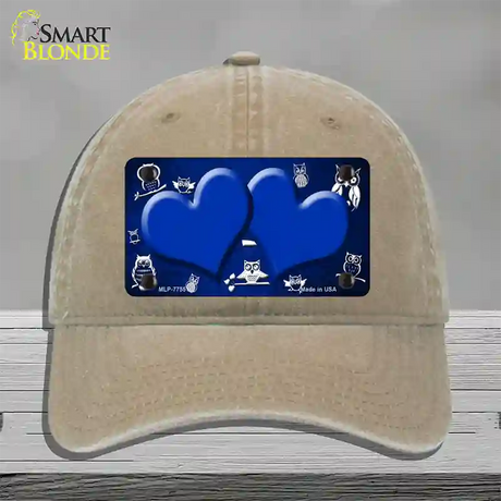 Blue White Owl Hearts Oil Rubbed Novelty License Plate Hat Unconstructed Cotton / Khaki