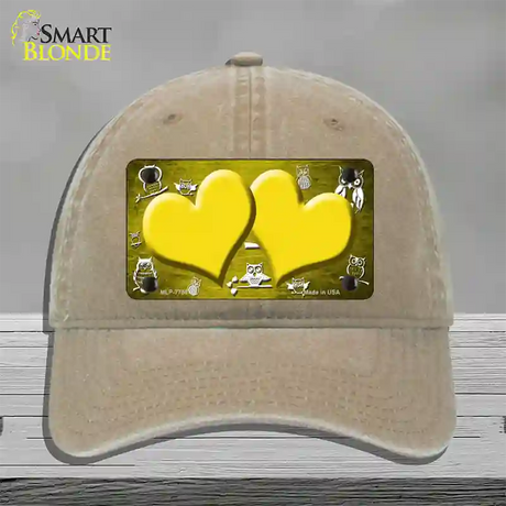 Yellow White Owl Hearts Oil Rubbed Novelty License Plate Hat Unconstructed Cotton / Khaki