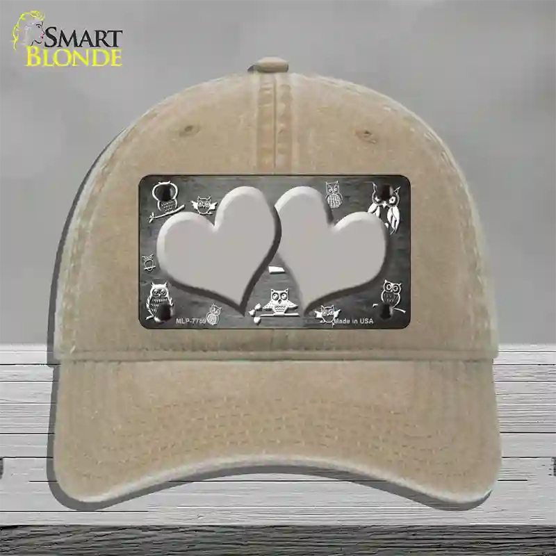 Gray White Owl Hearts Oil Rubbed Novelty License Plate Hat Unconstructed Cotton / Khaki