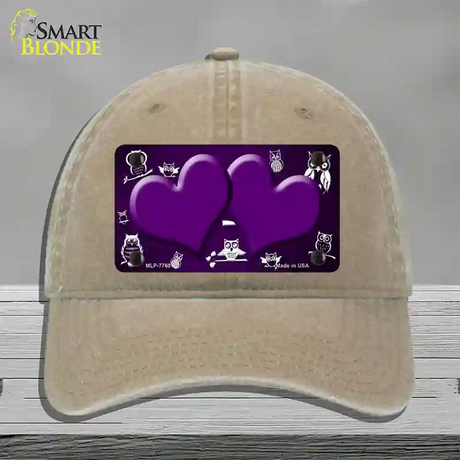 Purple White Owl Hearts Oil Rubbed Novelty License Plate Hat Unconstructed Cotton / Khaki