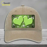 Lime Green White Owl Hearts Oil Rubbed Novelty License Plate Hat Unconstructed Cotton / Khaki