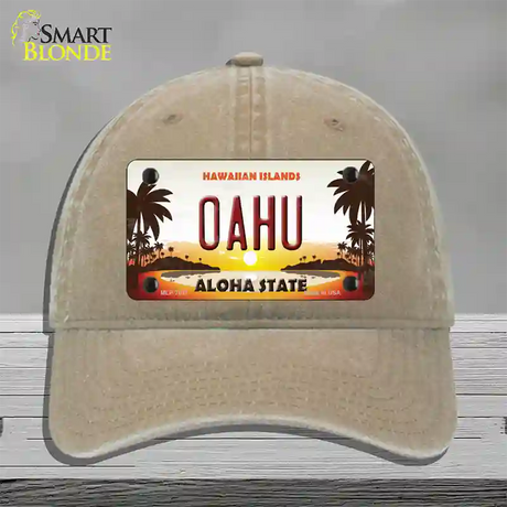 Oahu Hawaiian Islands Novelty License Plate Hat Unconstructed Cotton / Khaki