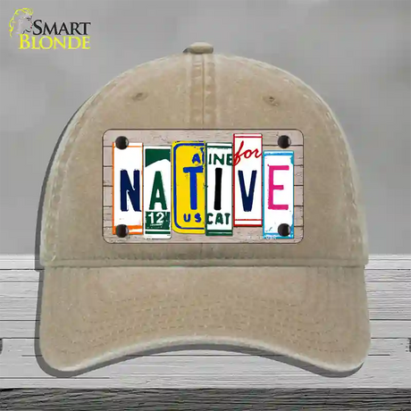 Native License Plate Art Wood Novelty License Plate Hat Unconstructed Cotton / Khaki