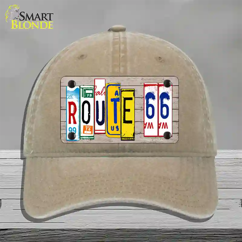 Route 66 License Plate Art Wood Novelty License Plate Hat Unconstructed Cotton / Khaki